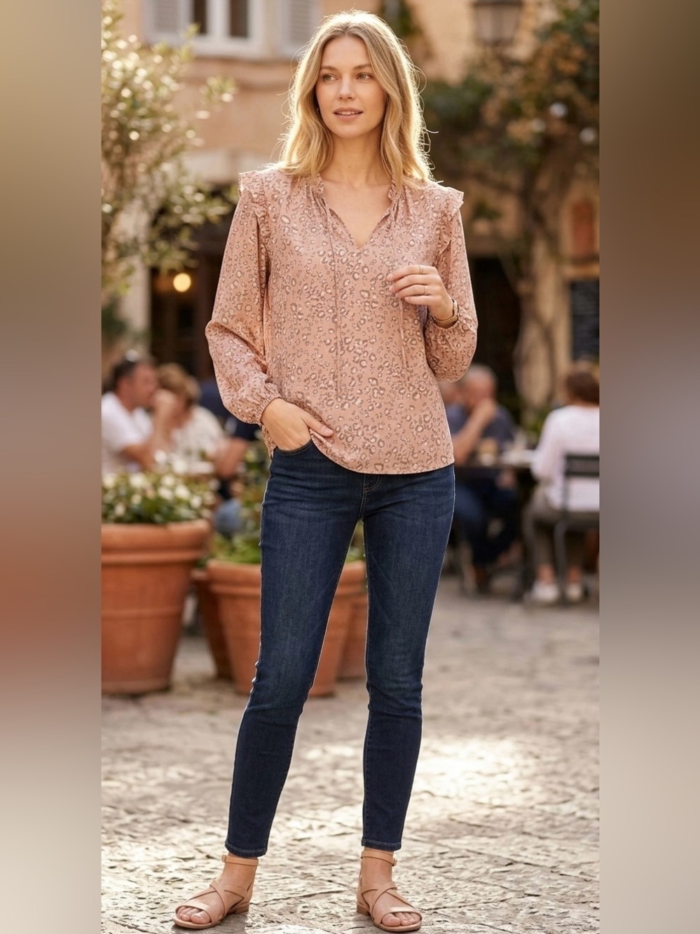 Dolan Left Coast Collection Blush Leopard Print Ruffle Blouse – Size M